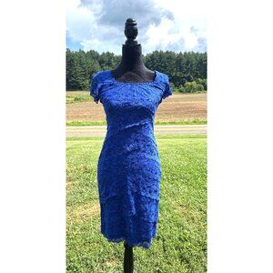 Marina Women’s Cocktail Designer Dress Blue Lace Beaded Cap Sleeve Sz 4 Formal